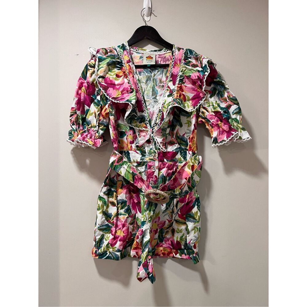 Farm Rio Women's Multicolor Floral Ruffle Belted V-Neck Romper Shorts Large NWOT - Picture 8 of 11